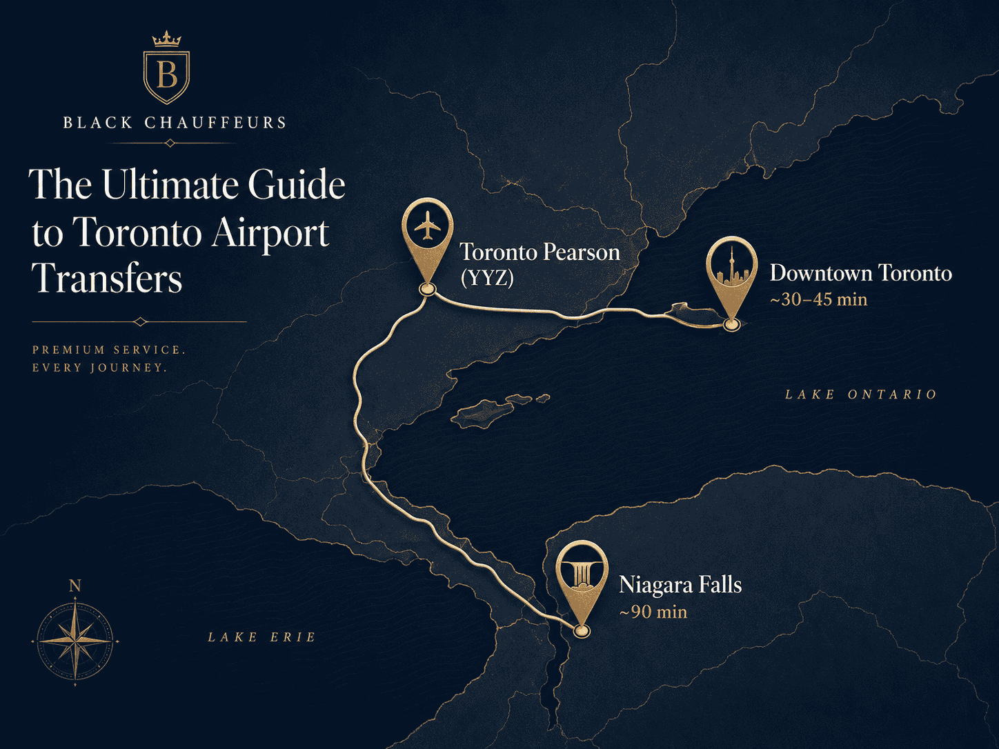 Map of private airport transfer routes from Toronto Pearson to downtown and Niagara Falls.png
