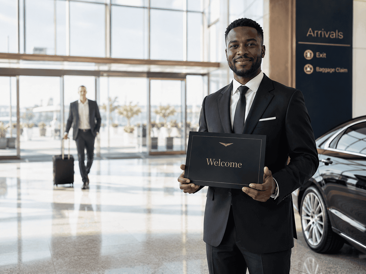 Professional chauffeur greeting a traveler at Toronto Pearson arrivals with a name sign.png