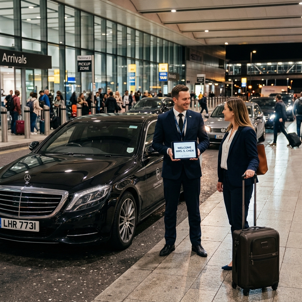 Black Chauffeurs premium airport transfer welcoming a business traveller.