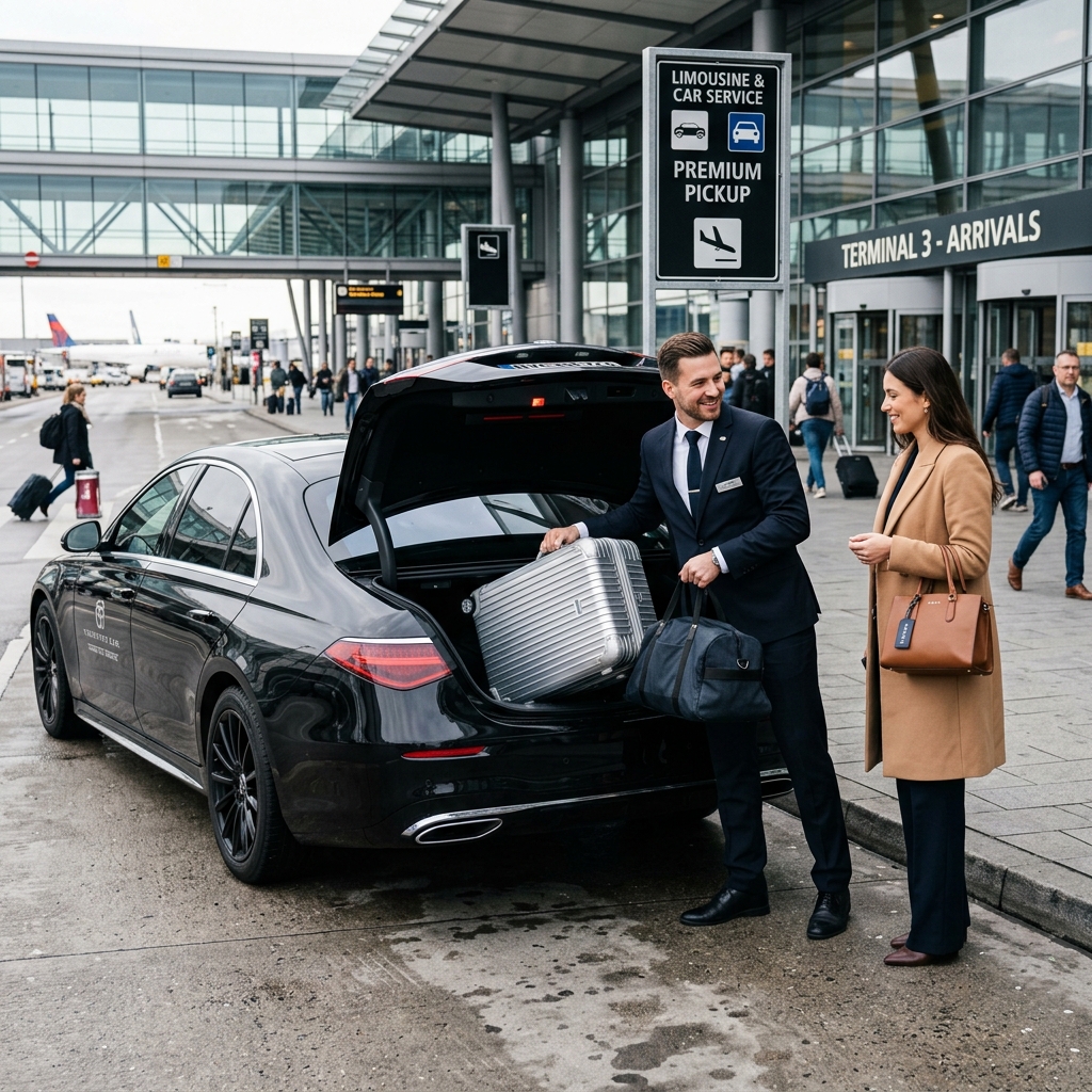 Professional airport chauffeur assisting with luggage beside a luxury vehicle.