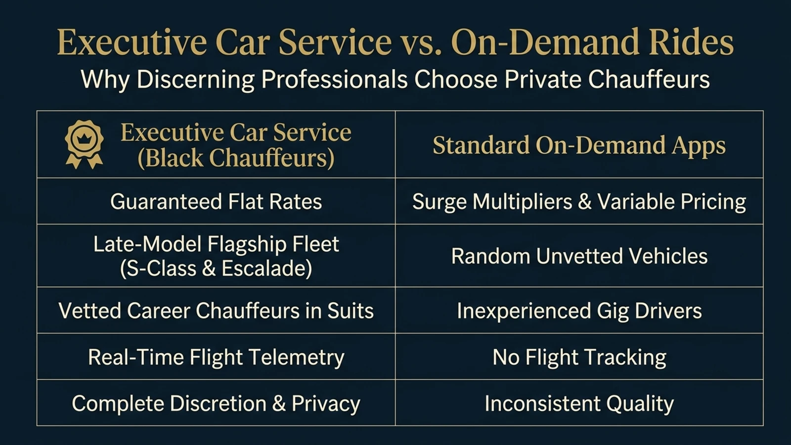 Executive Car Service vs On-Demand Rideshares Comparison Infographic