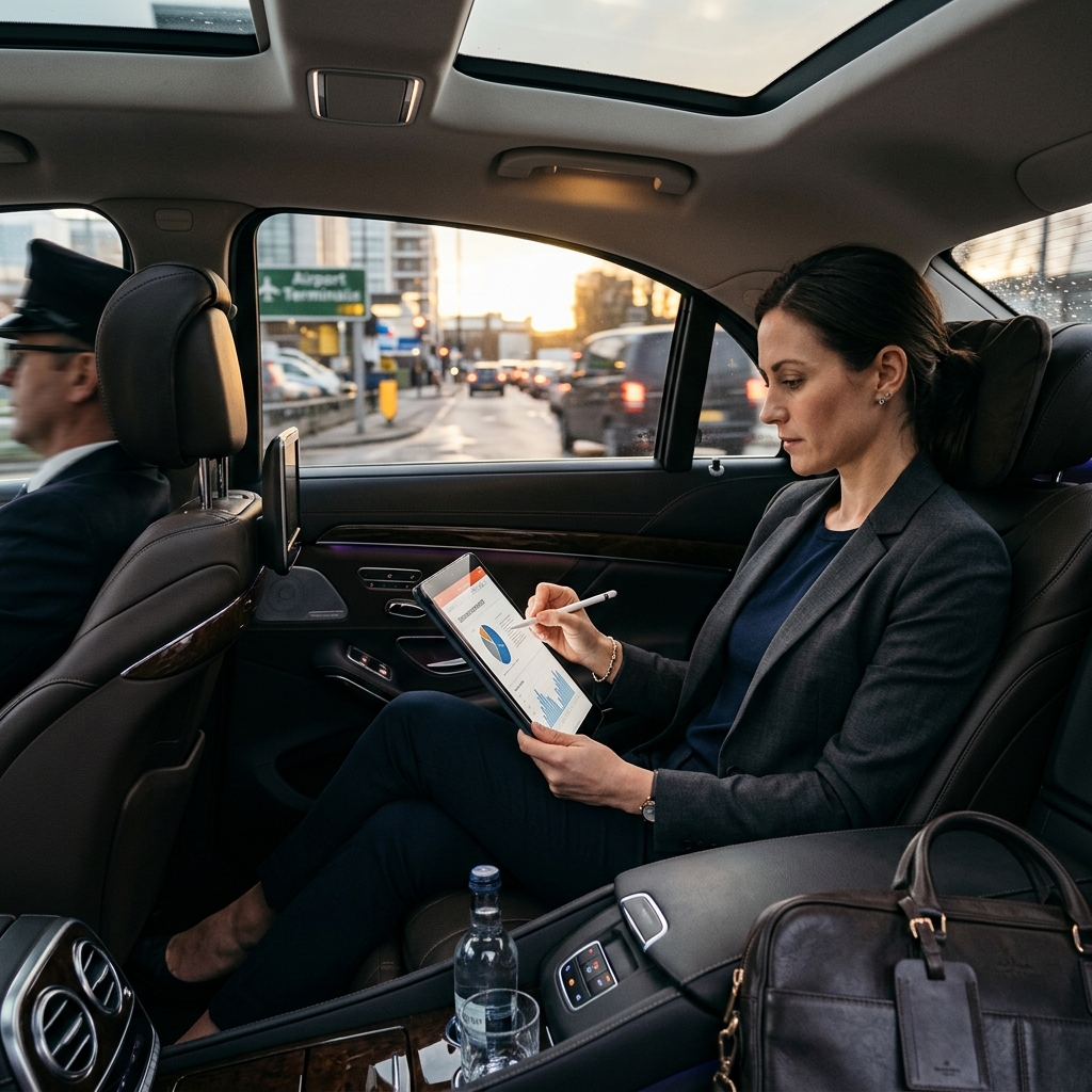 Business traveller using a tablet during a private airport chauffeur transfer.