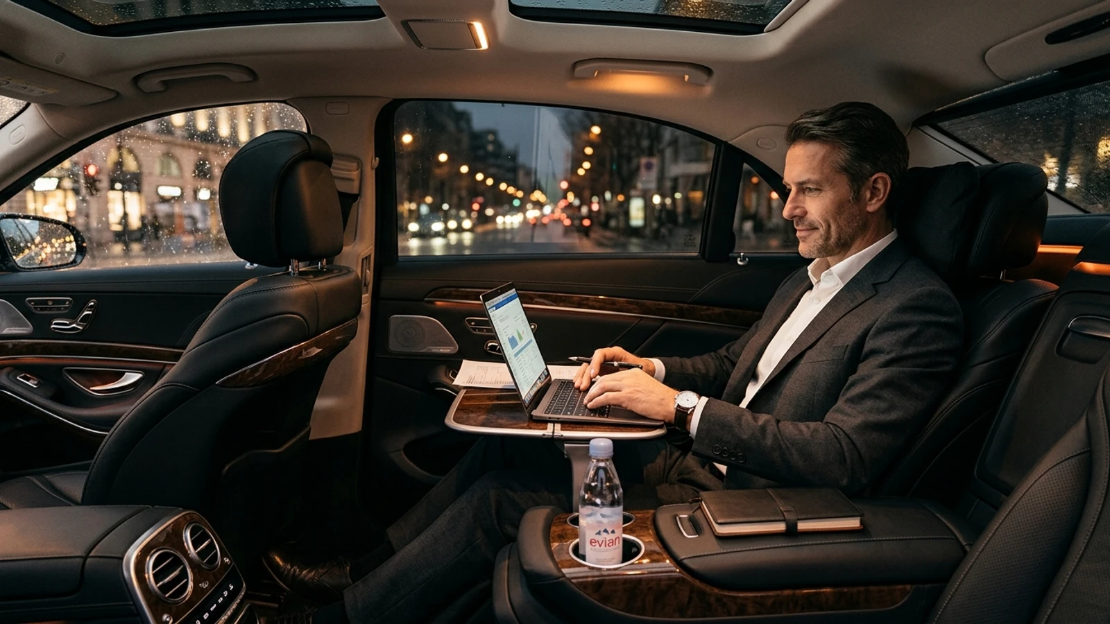 Executive passenger working on laptop in luxury rear cabin of Mercedes-Benz S-Class chauffeur car