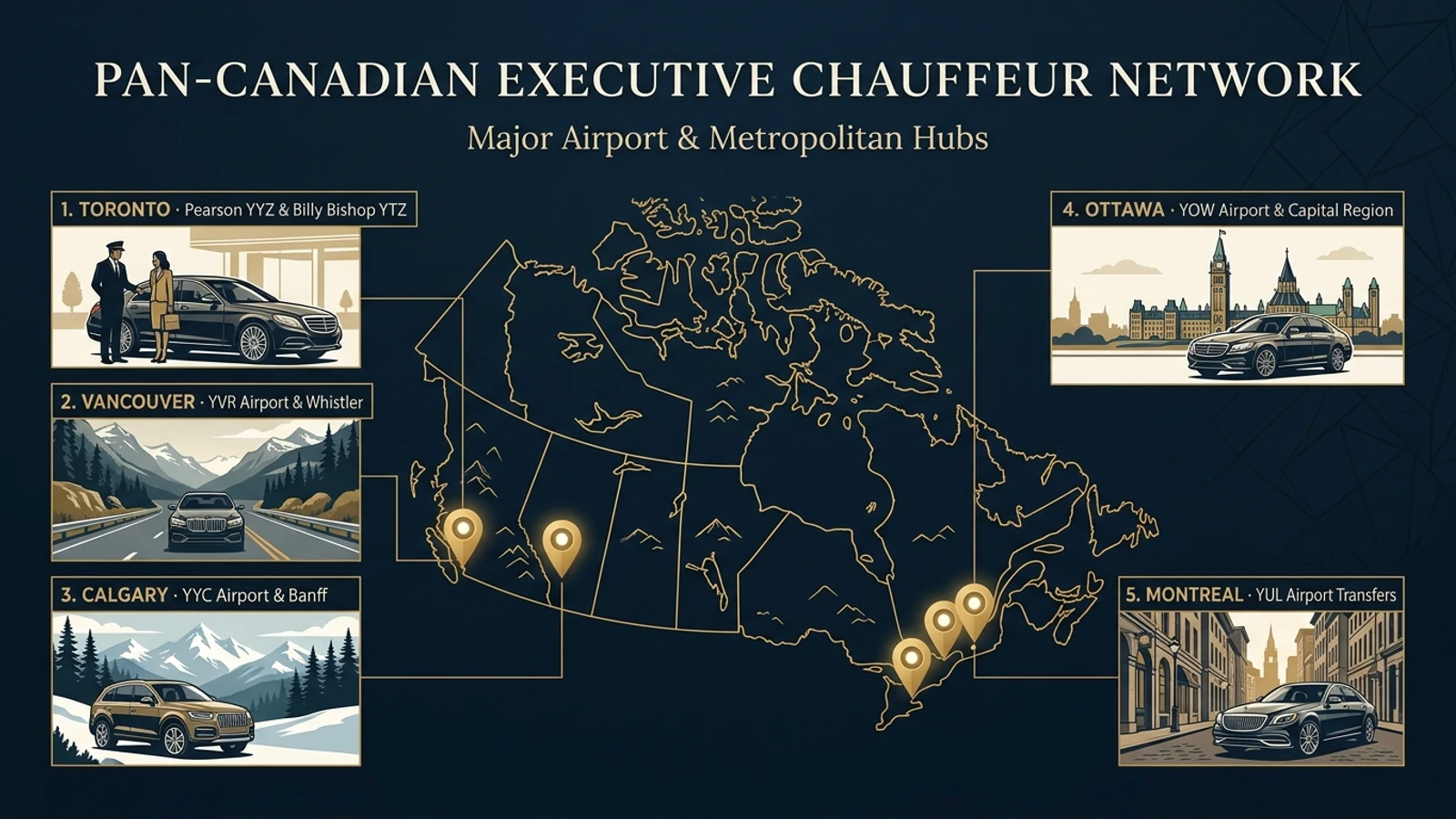 Pan-Canadian Executive Chauffeur Network covering Toronto, Vancouver, Calgary, Ottawa, and Montreal