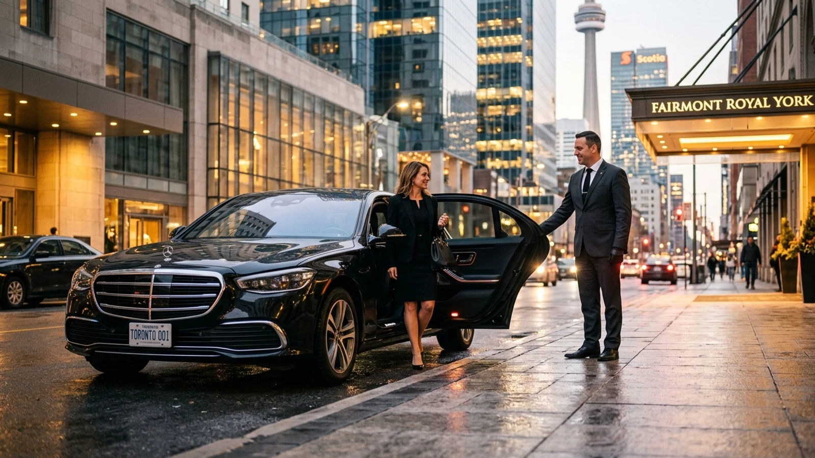 Black Chauffeurs executive chauffeur opening door for client at luxury hotel in downtown Toronto